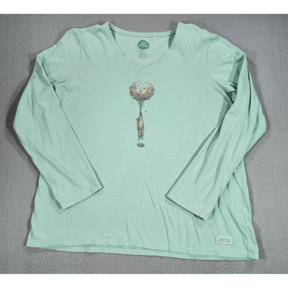 Life is Good Women's Green V-Neck Teddy Bear with Balloons Crusher T-Shirt XL